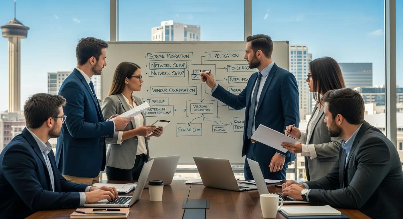 Business professionals in San Antonio planning IT relocation with laptops and whiteboard