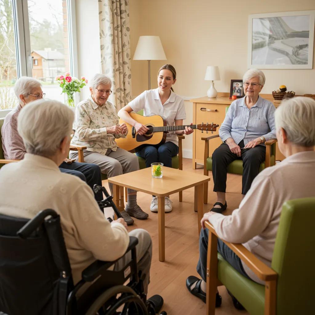 Elderly individuals participating in a music therapy session, highlighting social engagement for Alzheimer's patients