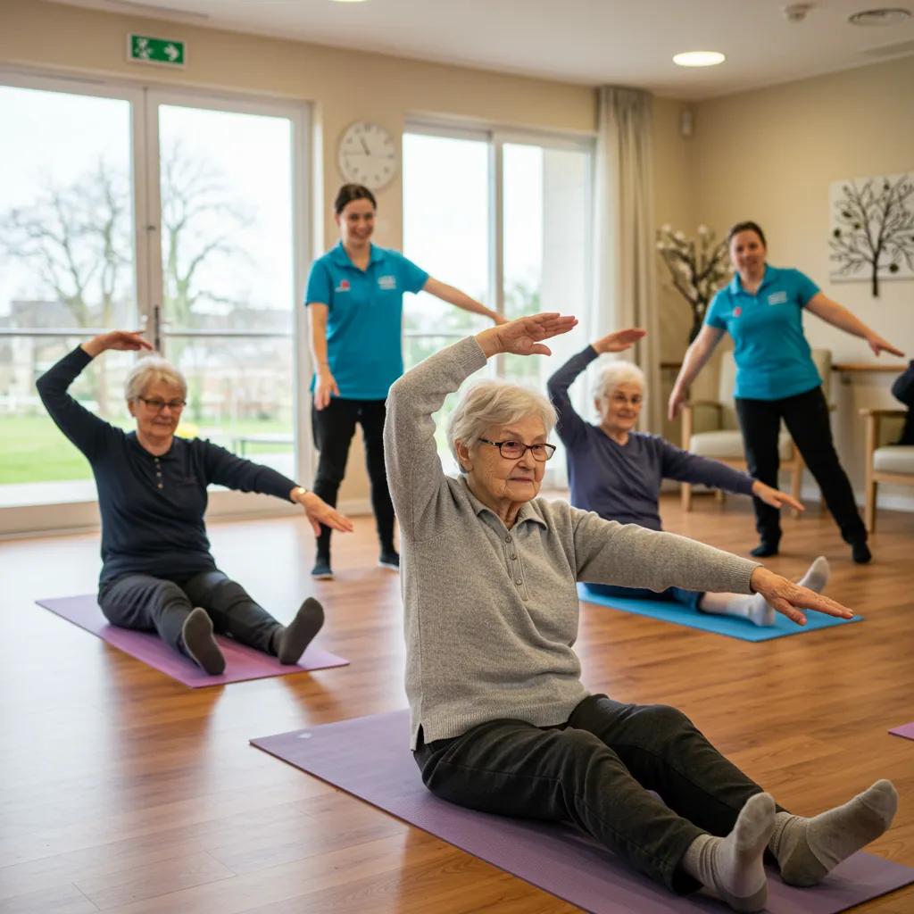 Elderly individuals participating in gentle exercise routines in a memory care facility, promoting cognitive and emotional health