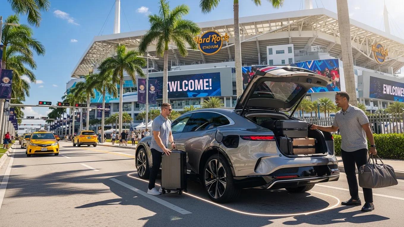 Electric vehicle rental in Miami with Hard Rock Stadium in the background, highlighting sustainable transportation options