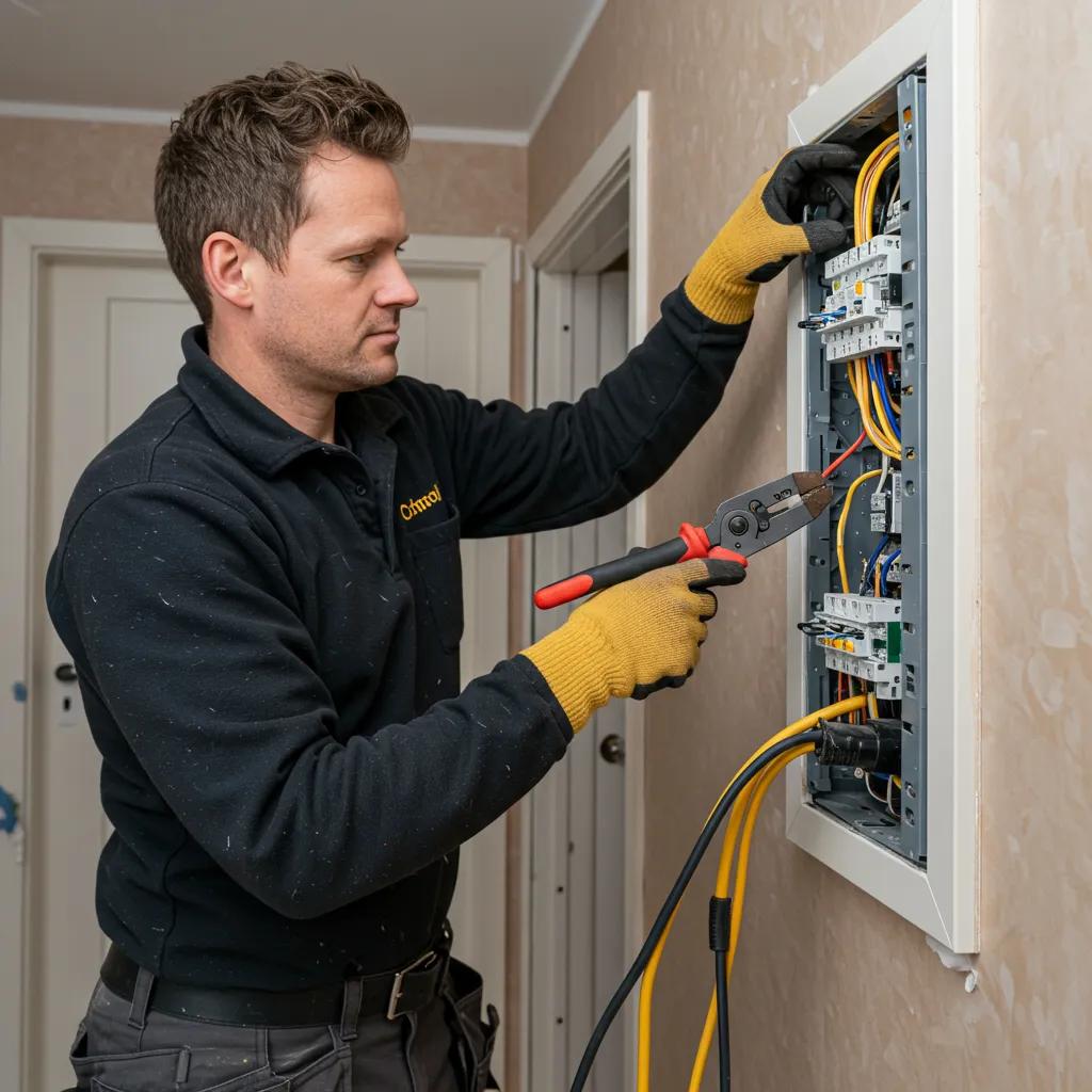 Electrician performing installation work in a Gothenburg home, emphasizing professionalism and safety