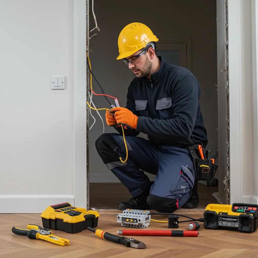 Electrician working on electrical wiring in a residential home, showcasing expertise and urgency in emergency electrical services.