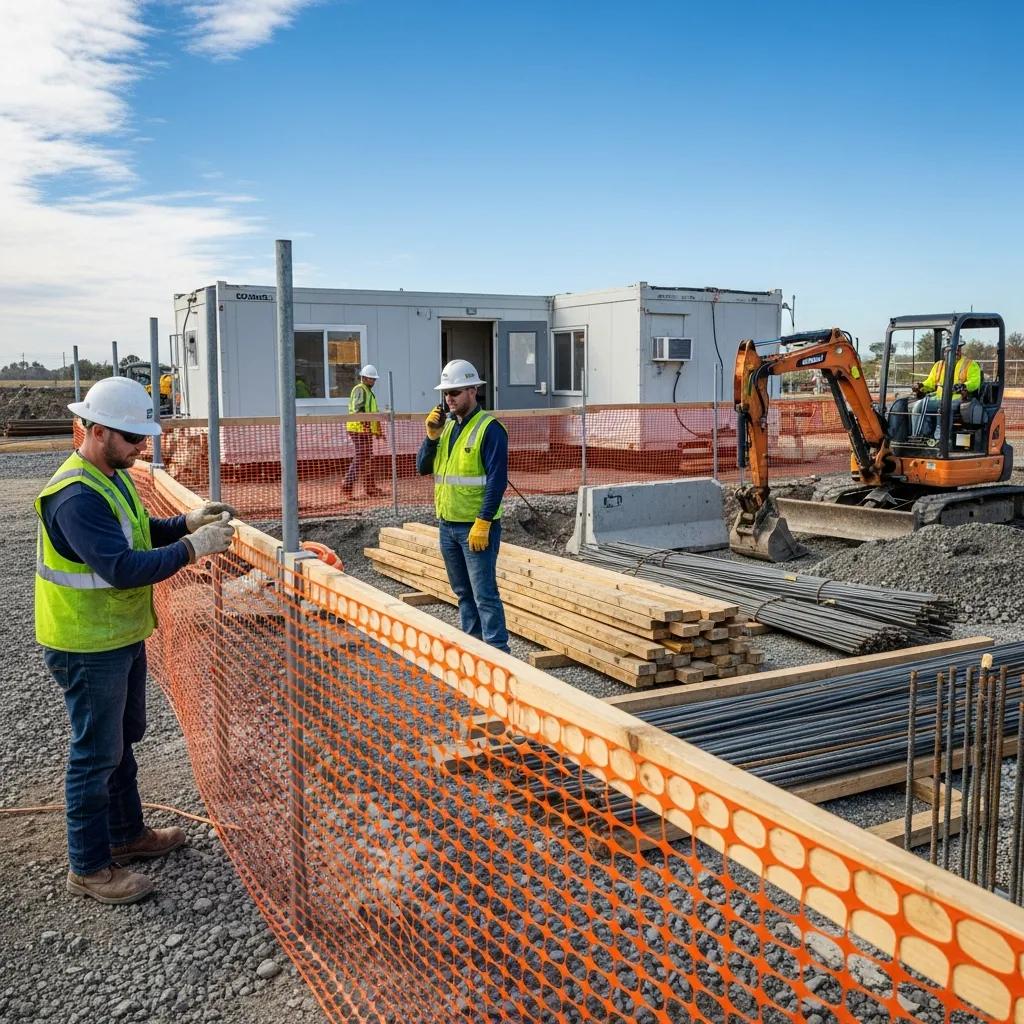 Emergency temporary fencing at a construction site with workers ensuring site security