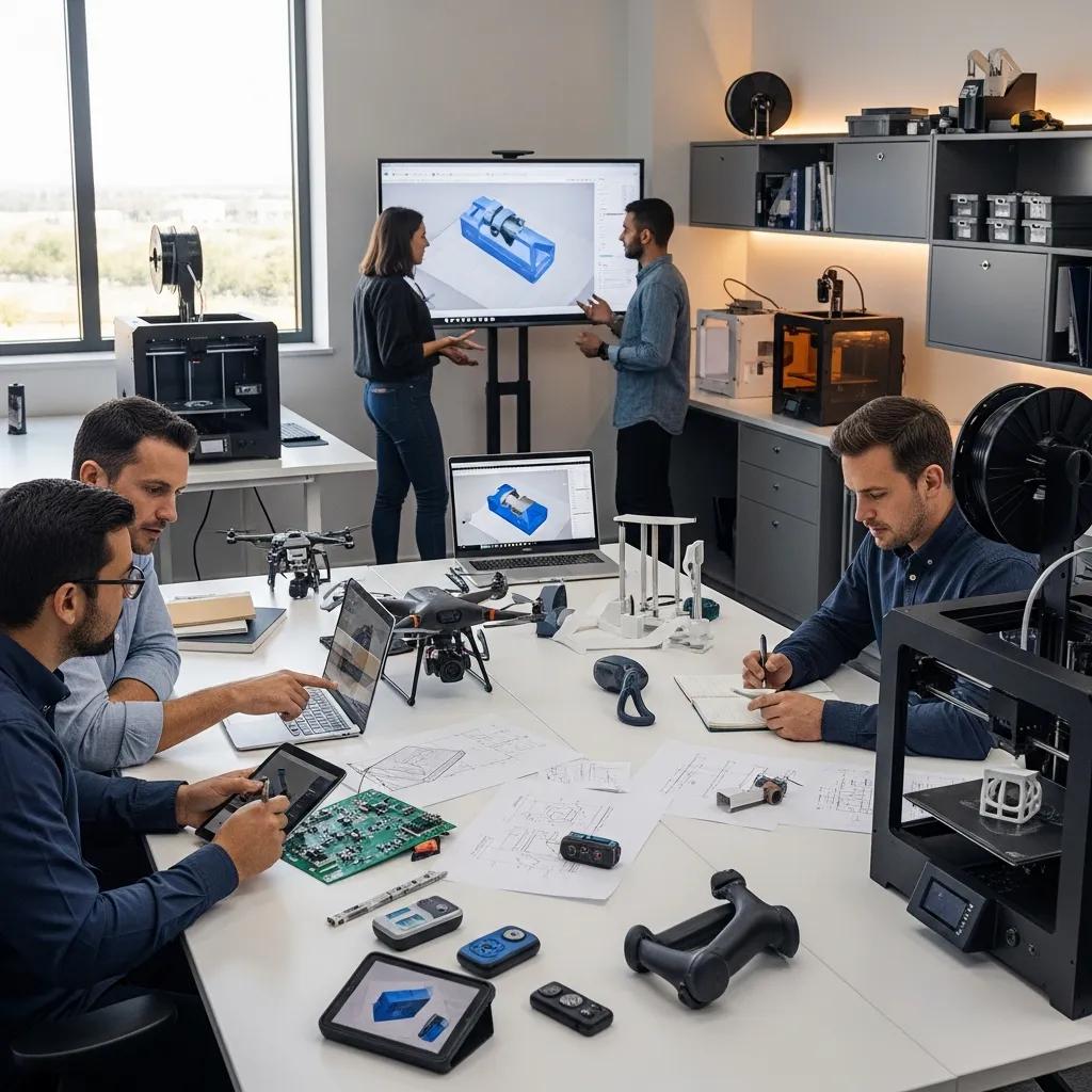 Engineers collaborating on functional prototypes in a modern workspace