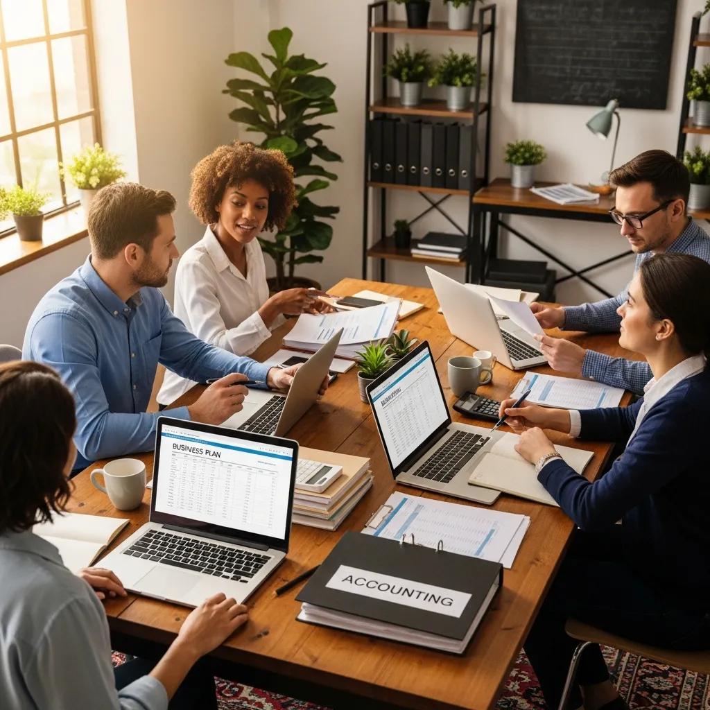 Entrepreneurs collaborating on business formation with an accountant in a cozy office setting