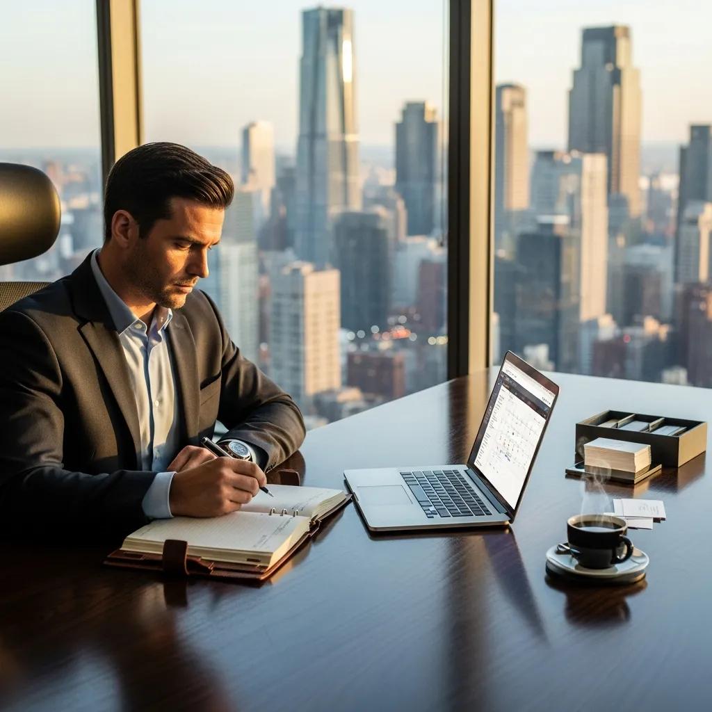 Executive planning their schedule in a modern office, emphasizing productivity techniques