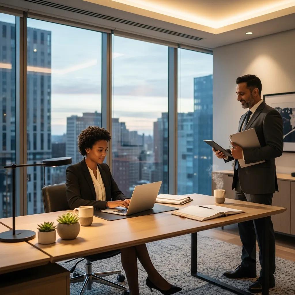 Executive working efficiently with concierge services in a modern office setting