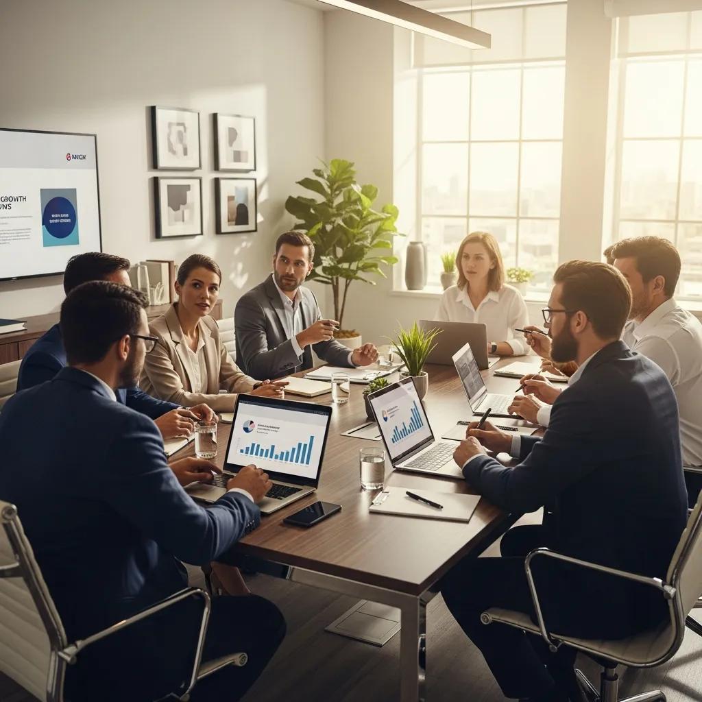 Executives collaborating in a modern office setting, highlighting strategic delegation and teamwork