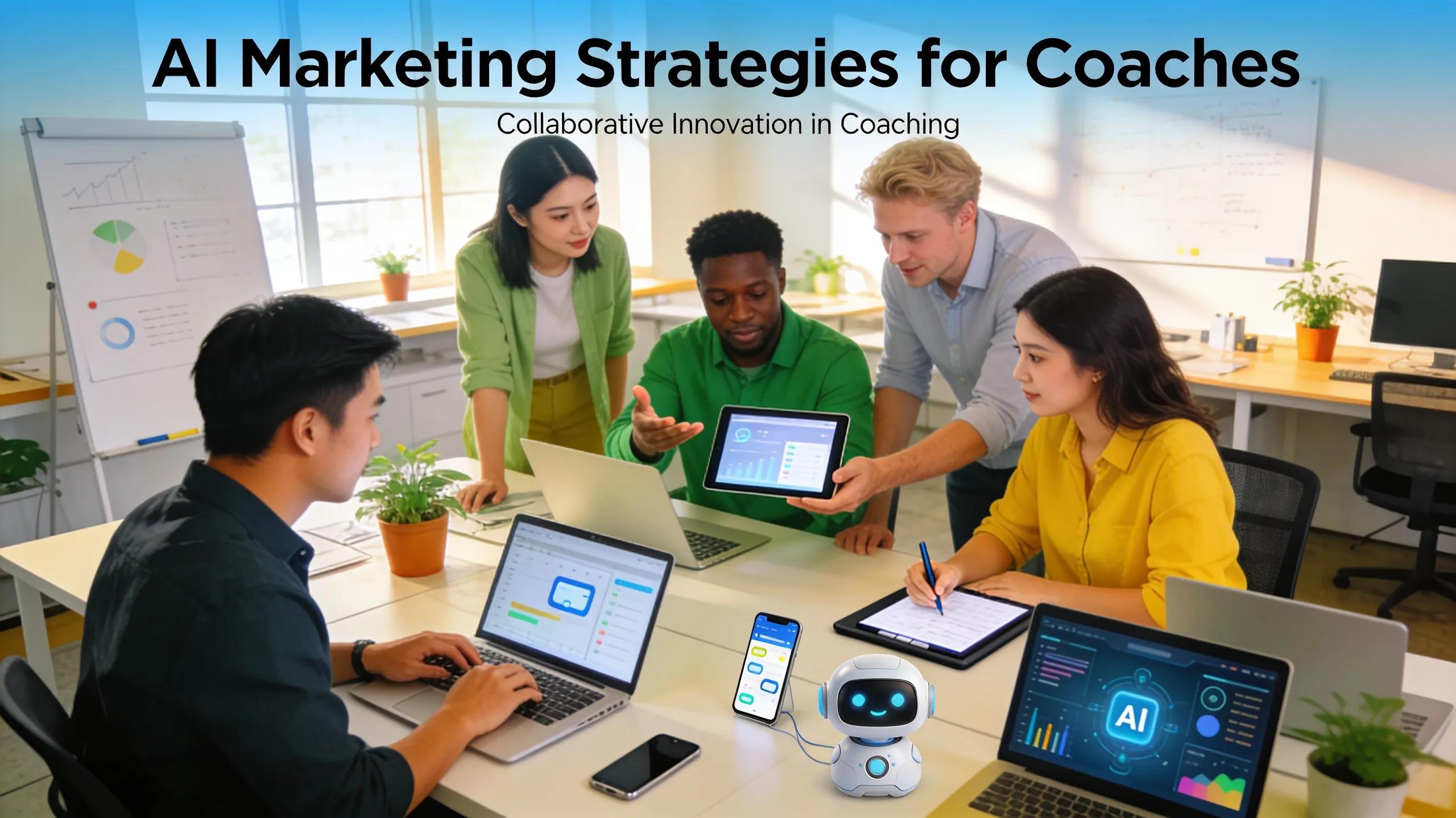Diverse coaches collaborating in a digital workspace focusing on AI marketing strategies