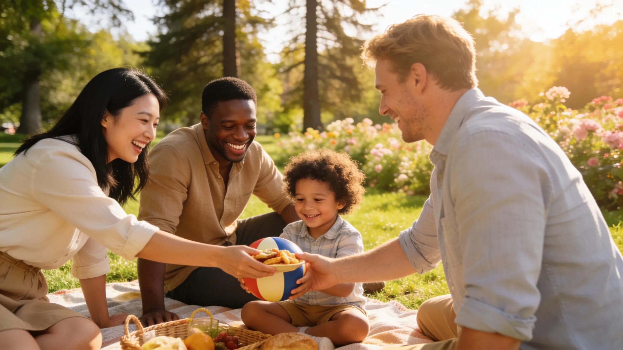 Parents and child enjoying a day in the park, symbolizing effective co-parenting and custody agreements