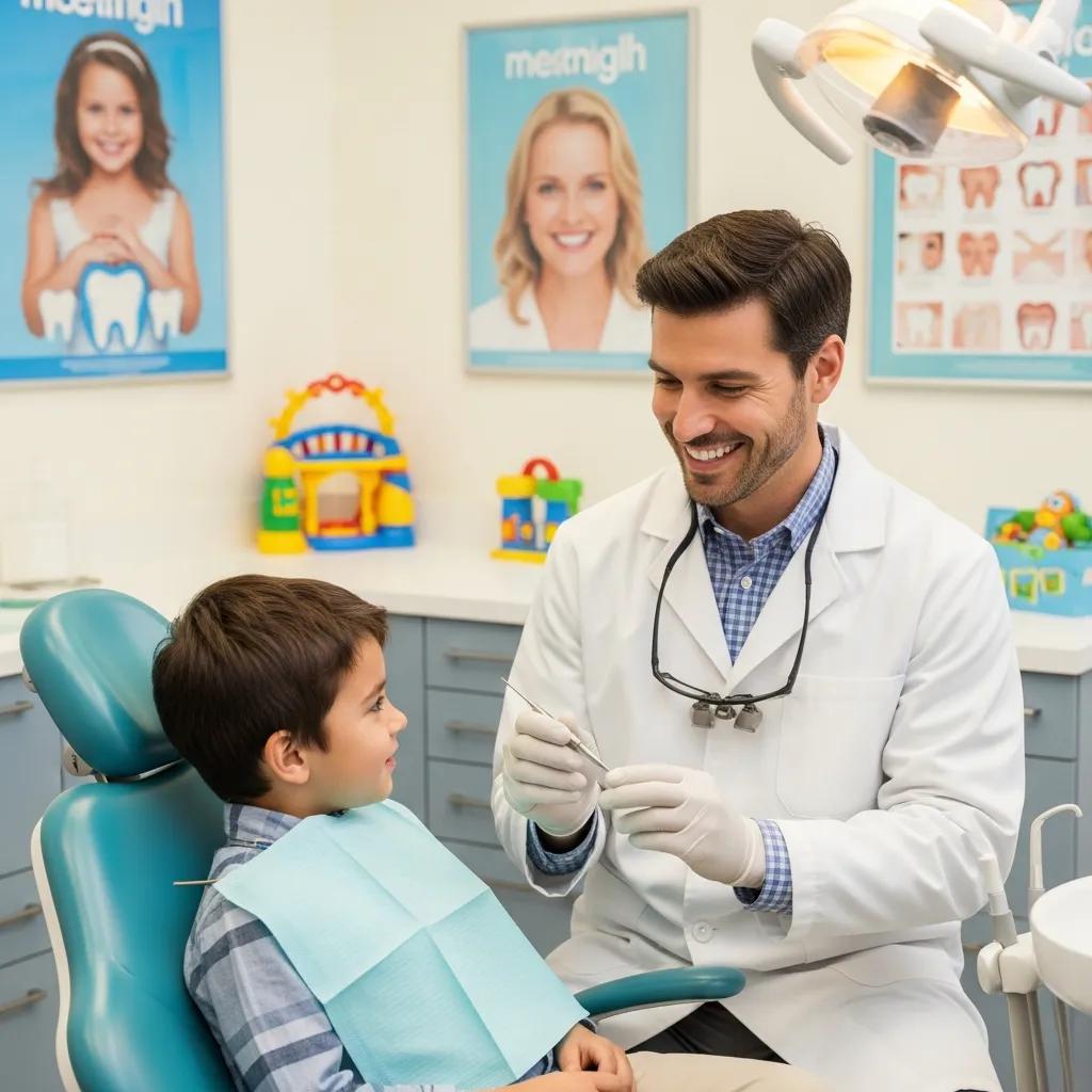 Family dentist engaging with a child in a friendly dental office setting