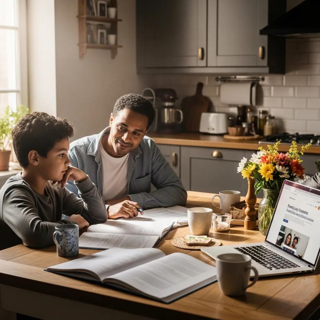 Family discussing child support in a cozy kitchen setting