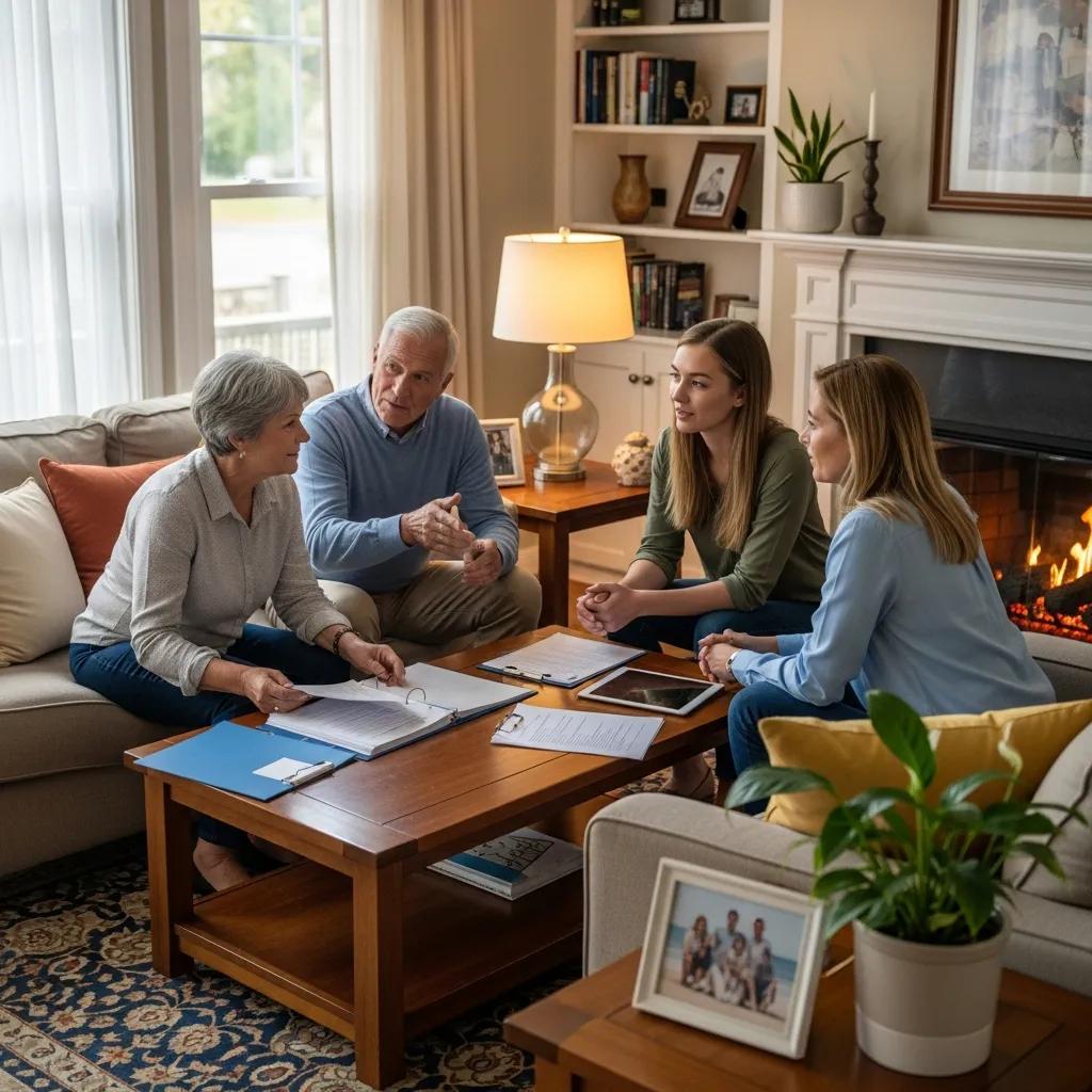 Family discussing estate planning in a warm living room setting