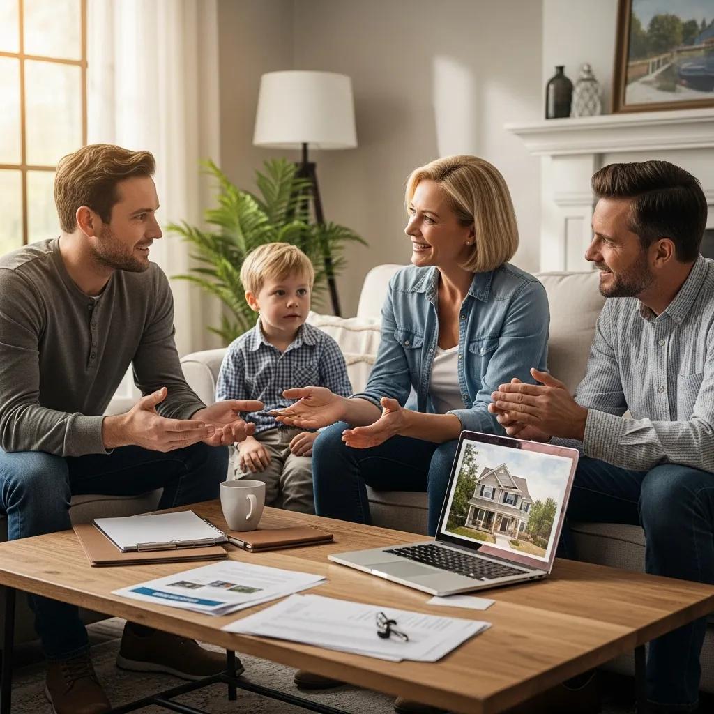 Family discussing home selling process in a cozy living room, emphasizing understanding of closing costs