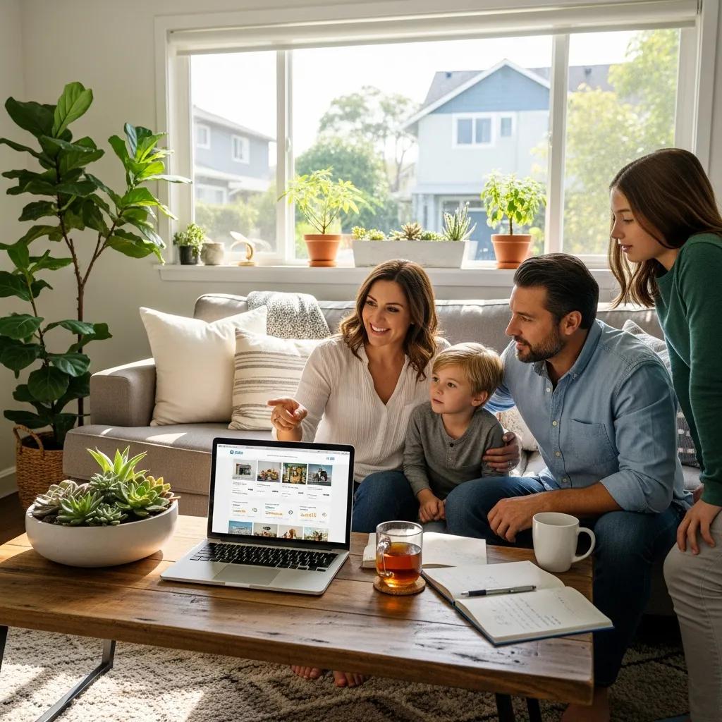 Family discussing home selling with flat fee real estate services in a cozy living room