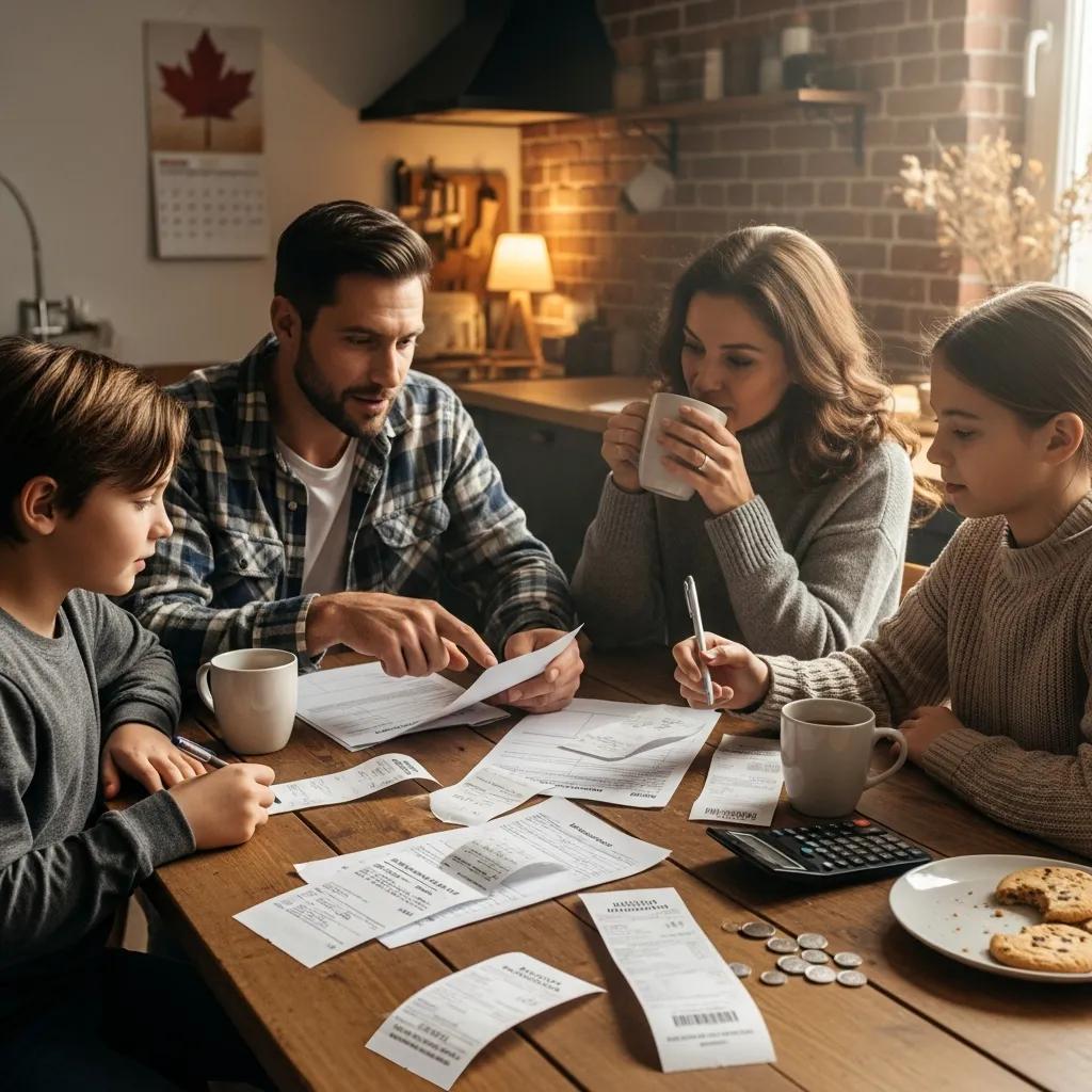 Family discussing medical expenses and tax credits in a cozy kitchen setting