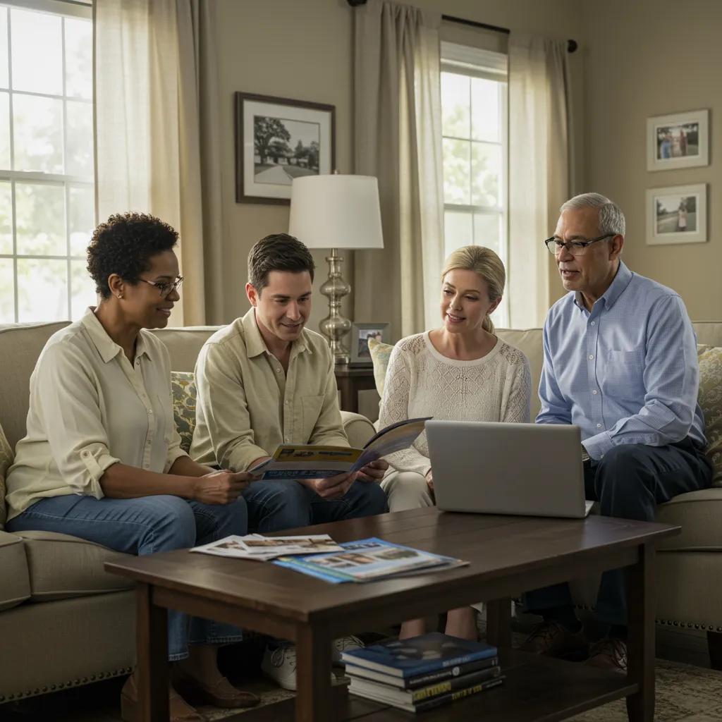 Family discussing memory care options in a cozy living room, emphasizing support and care