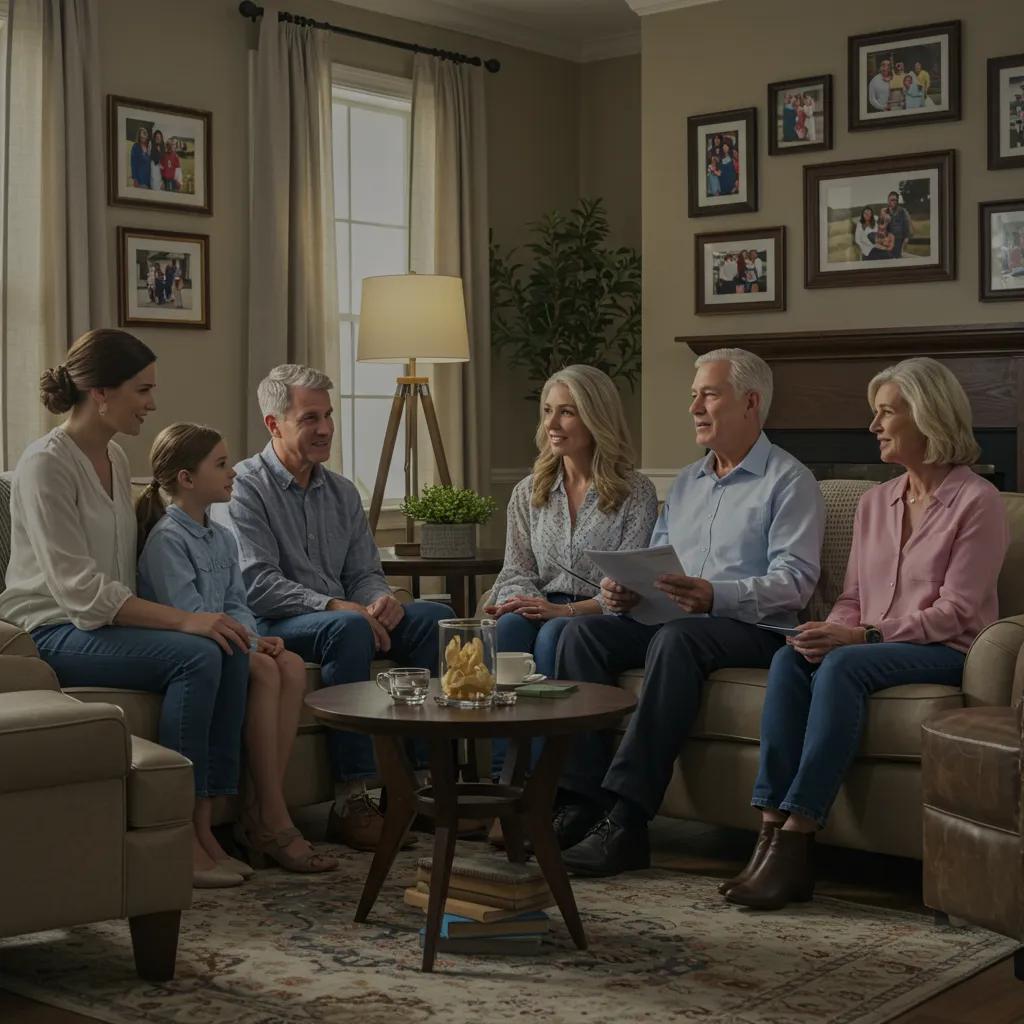 Family discussing memory care options in a cozy living room, emphasizing support and togetherness