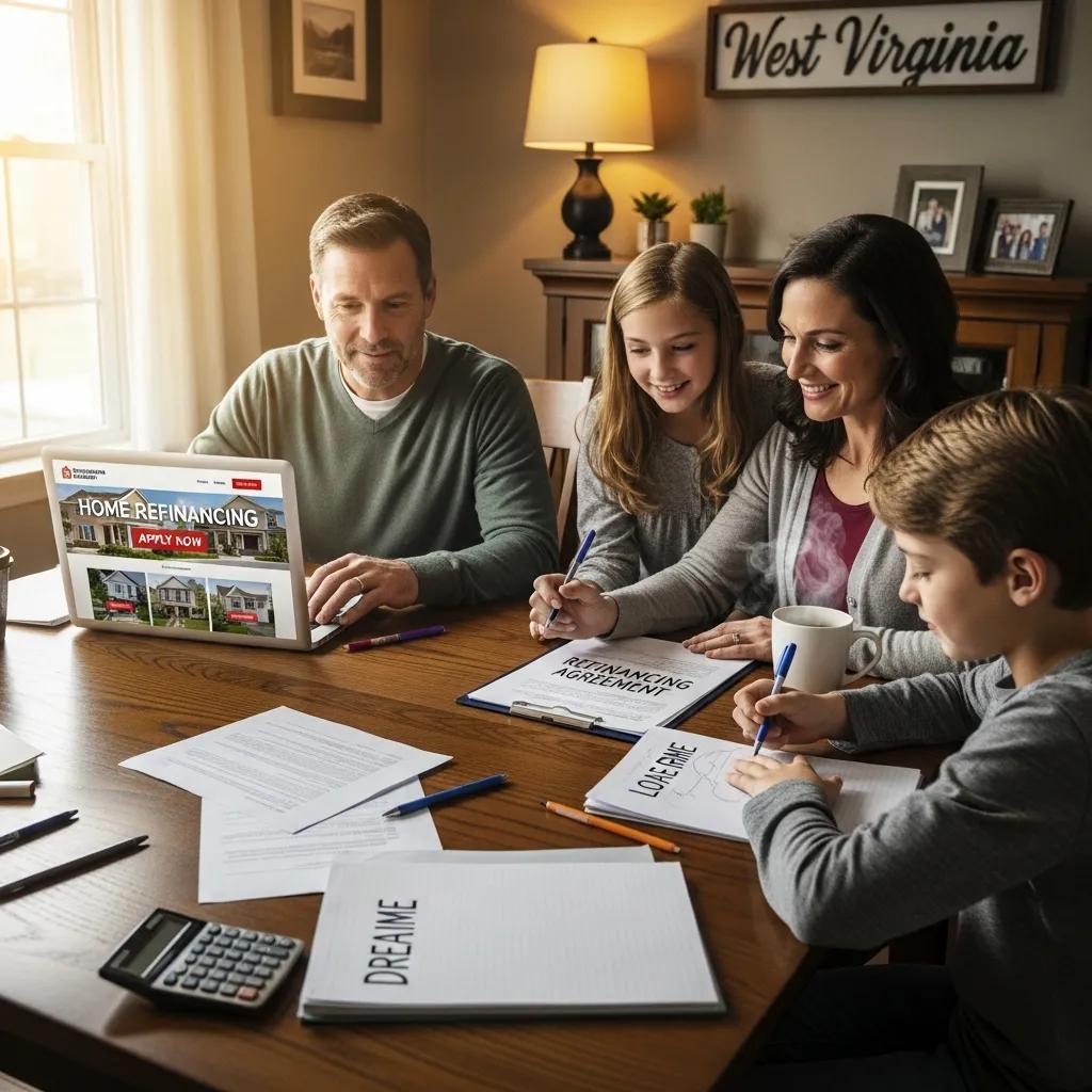 Family discussing refinancing options at a dining table with documents and a laptop