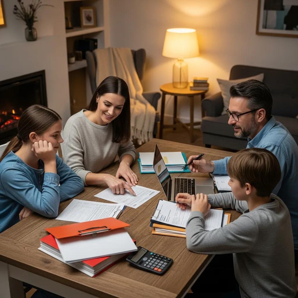Family discussing tax credits and financial planning in a cozy home setting