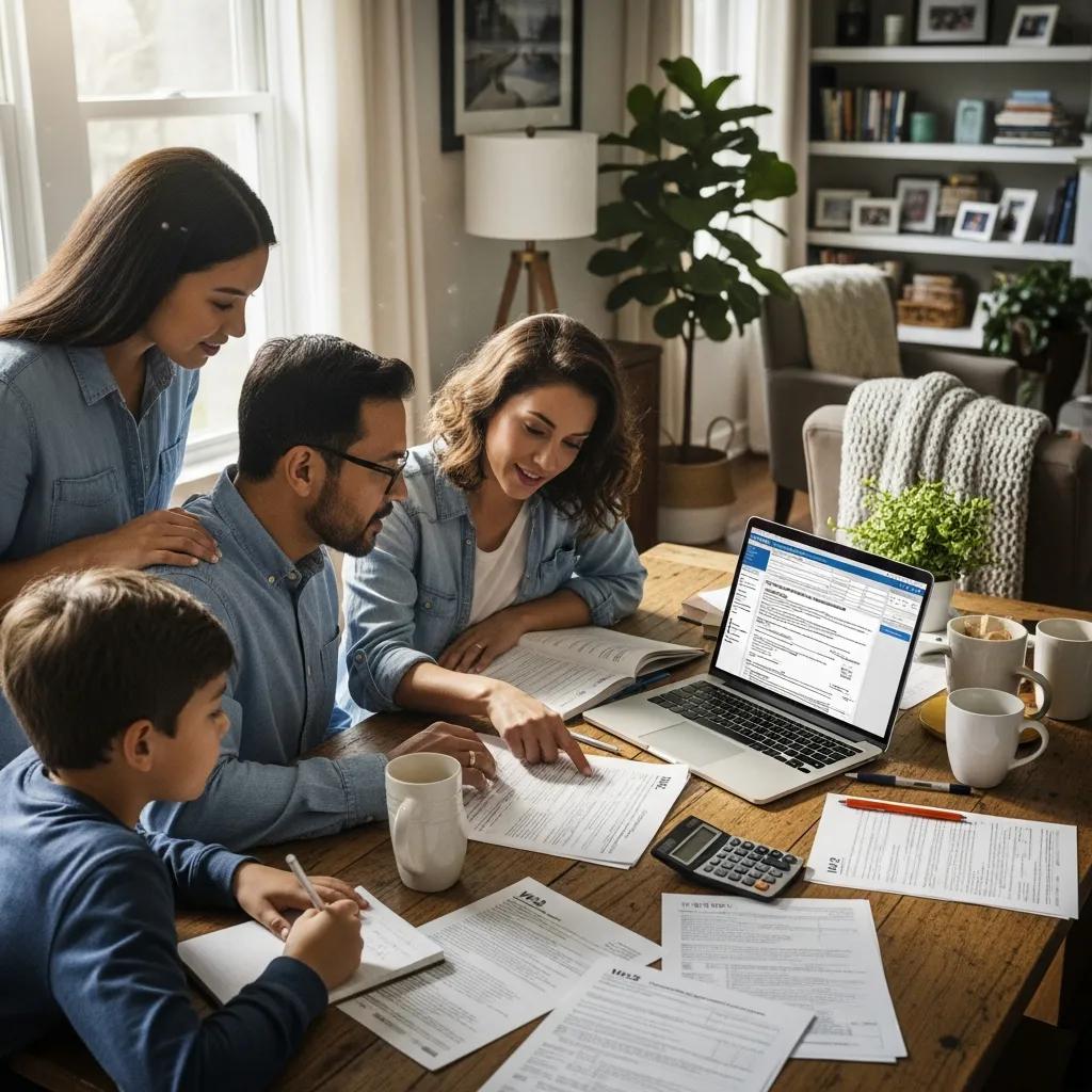 Family discussing tax deductions at home with documents and laptop
