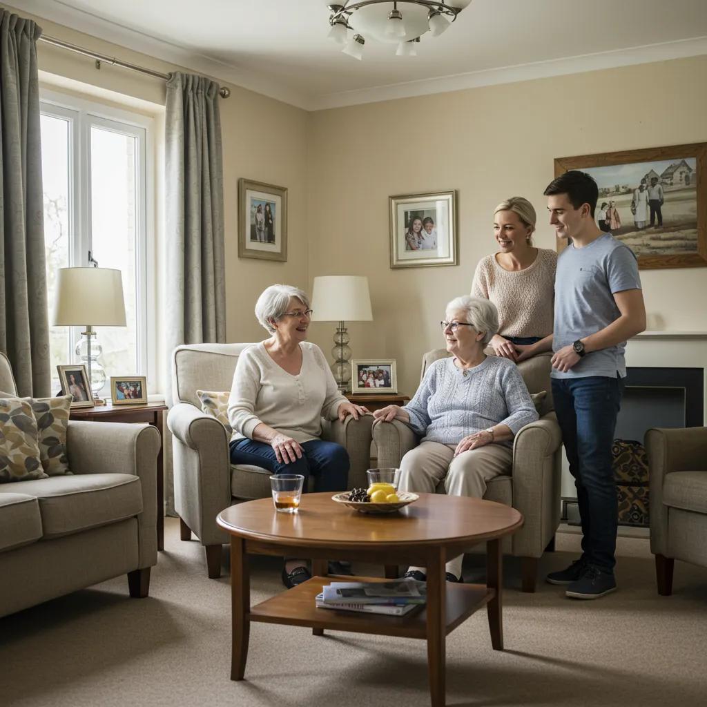 Family engaging with a senior in a cozy living room, highlighting the importance of dementia care and support