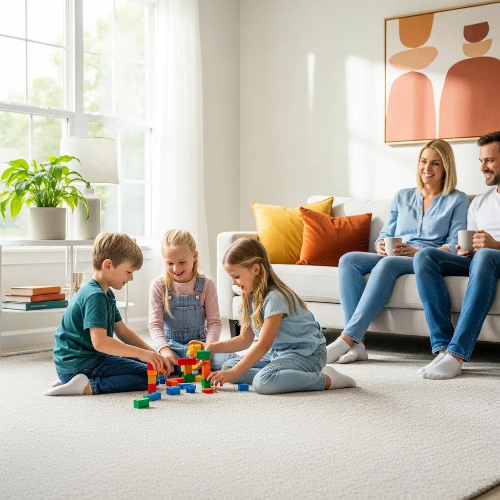 Family enjoying a clean living room, illustrating the benefits of professional carpet cleaning services