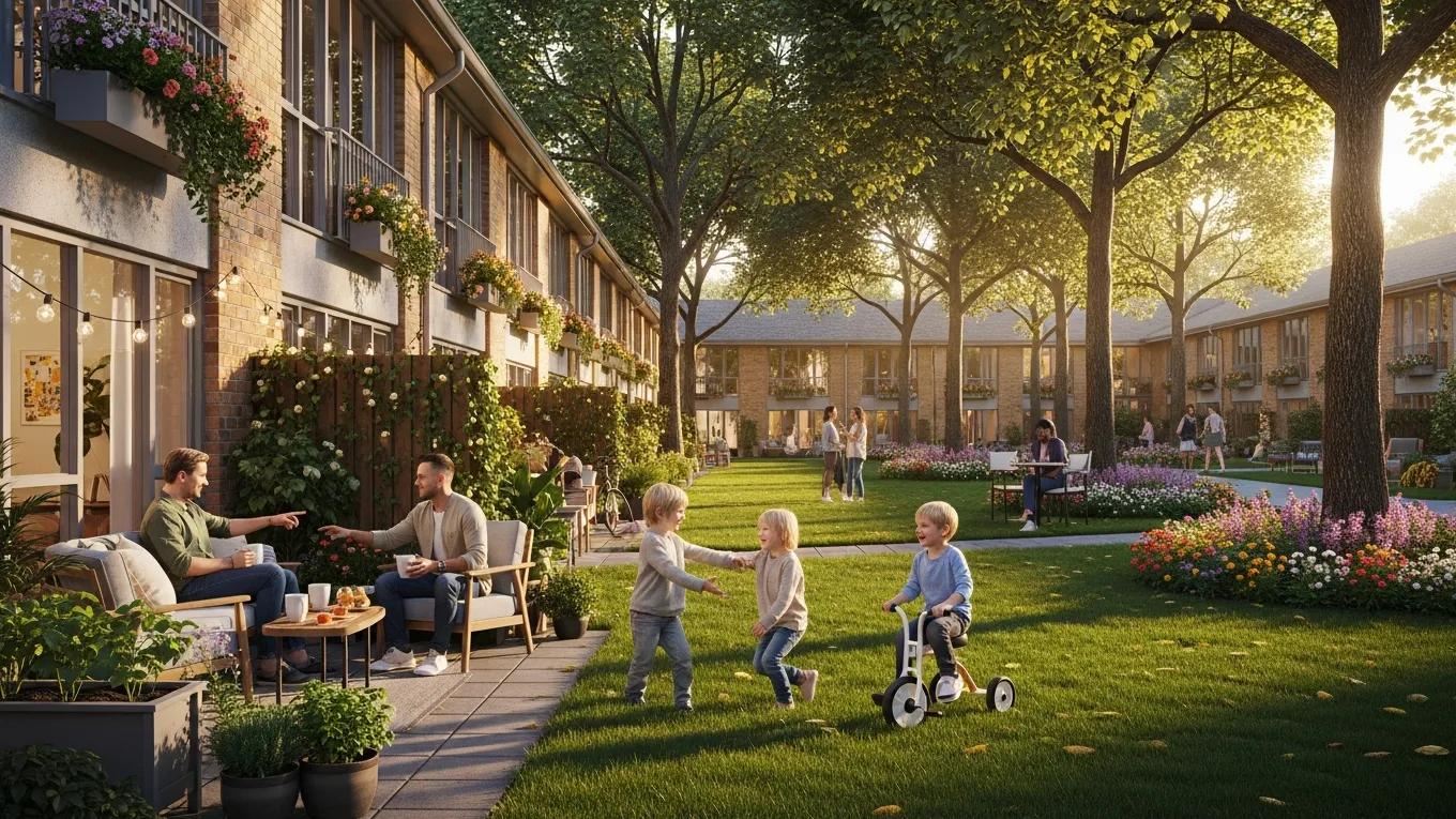 Family enjoying a garden apartment community with greenery and outdoor spaces