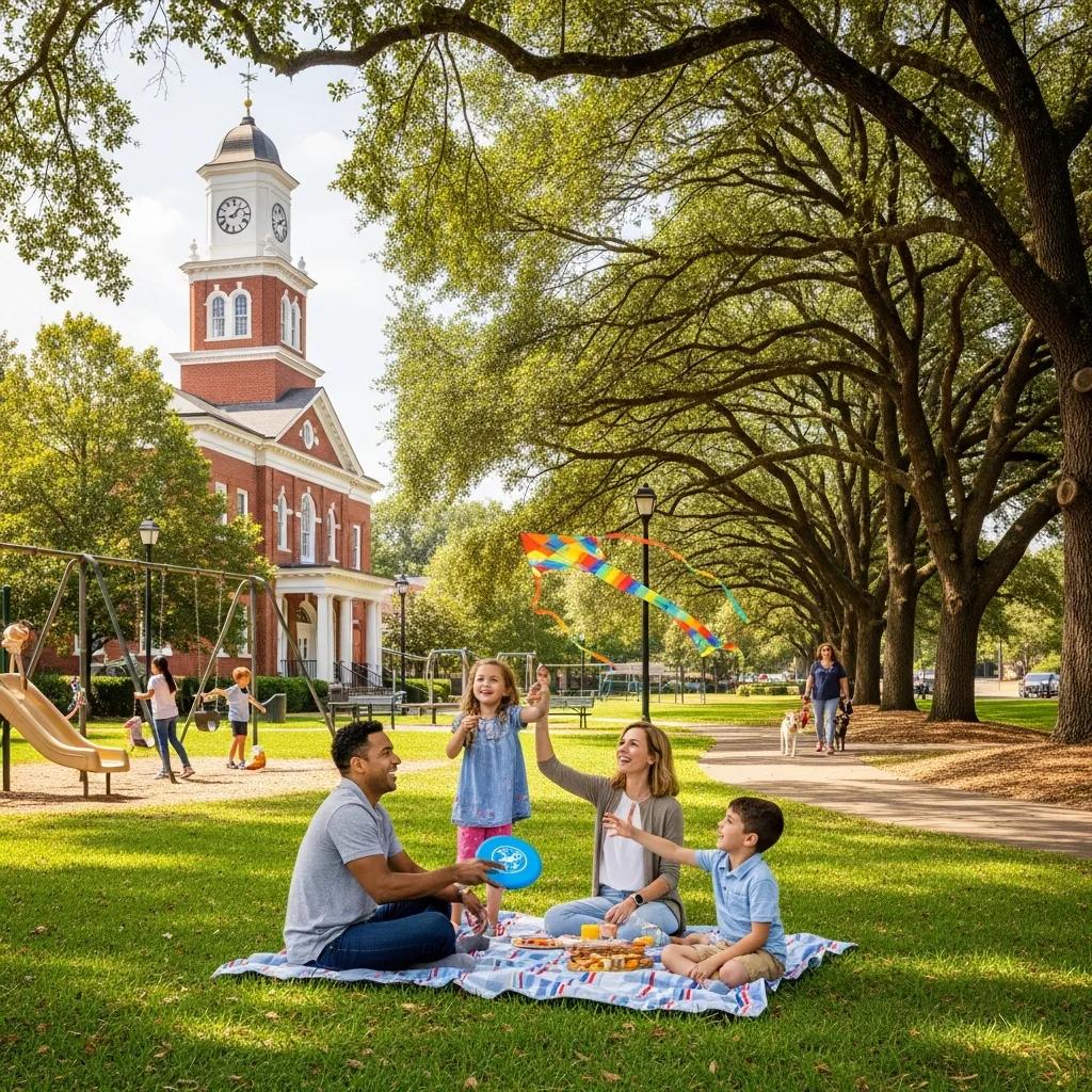 Family enjoying a sunny day in a Marietta neighborhood park, highlighting community and suburban charm
