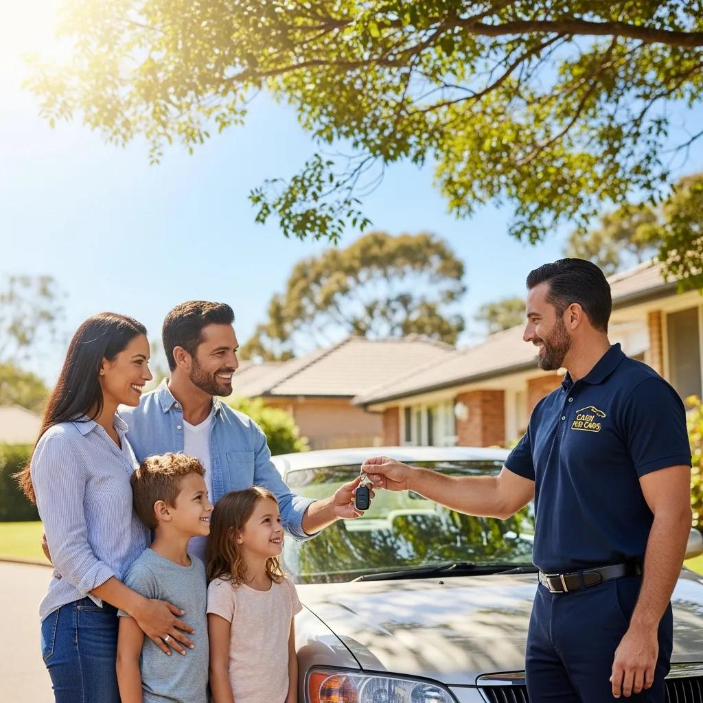 Family happily selling their car to Cash For Cars representative in a sunny neighborhood
