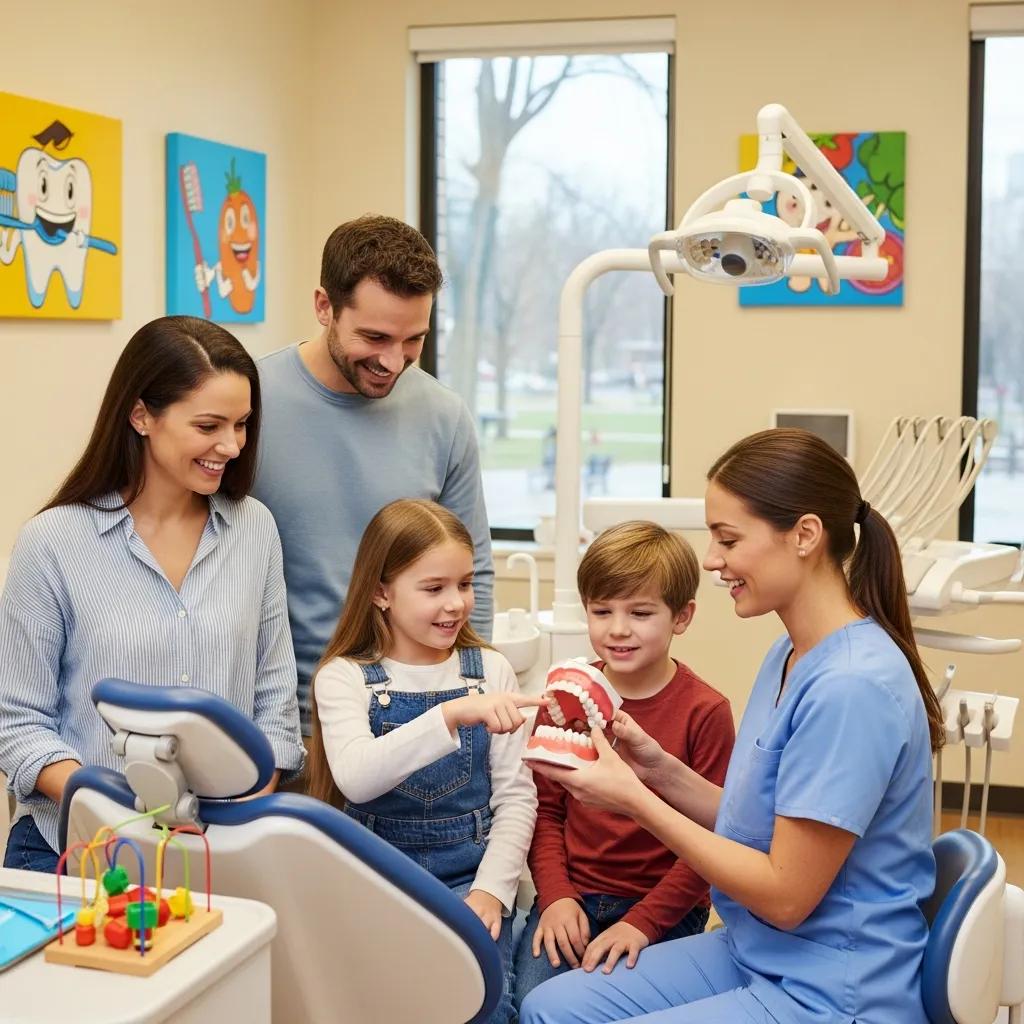 Family interacting with a dentist in a welcoming dental office