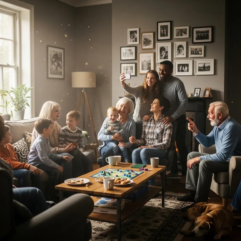 Family members joyfully reuniting in a cozy home environment, symbolizing family immigration
