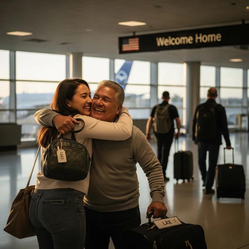 Family reunion at the airport, showcasing the joy of sponsoring a parent for U.S. residency