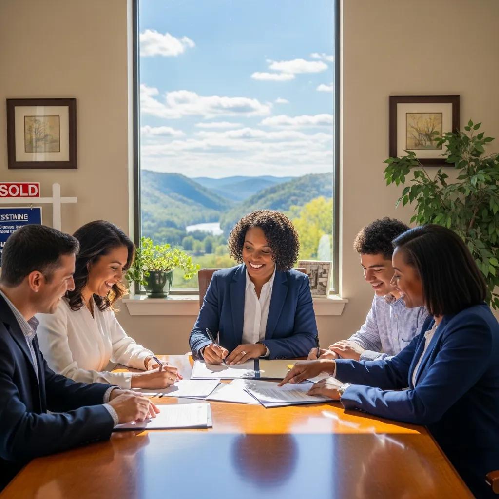 Family signing real estate documents with a West Virginia landscape in the background