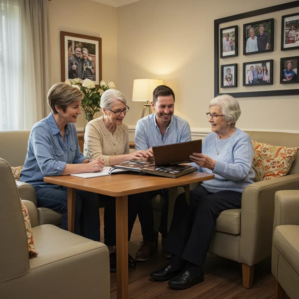 Family visiting a loved one in a memory care facility, sharing a photo album in a cozy room