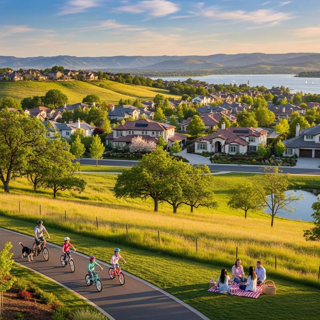 Folsom California suburban landscape with homes and families enjoying outdoor activities