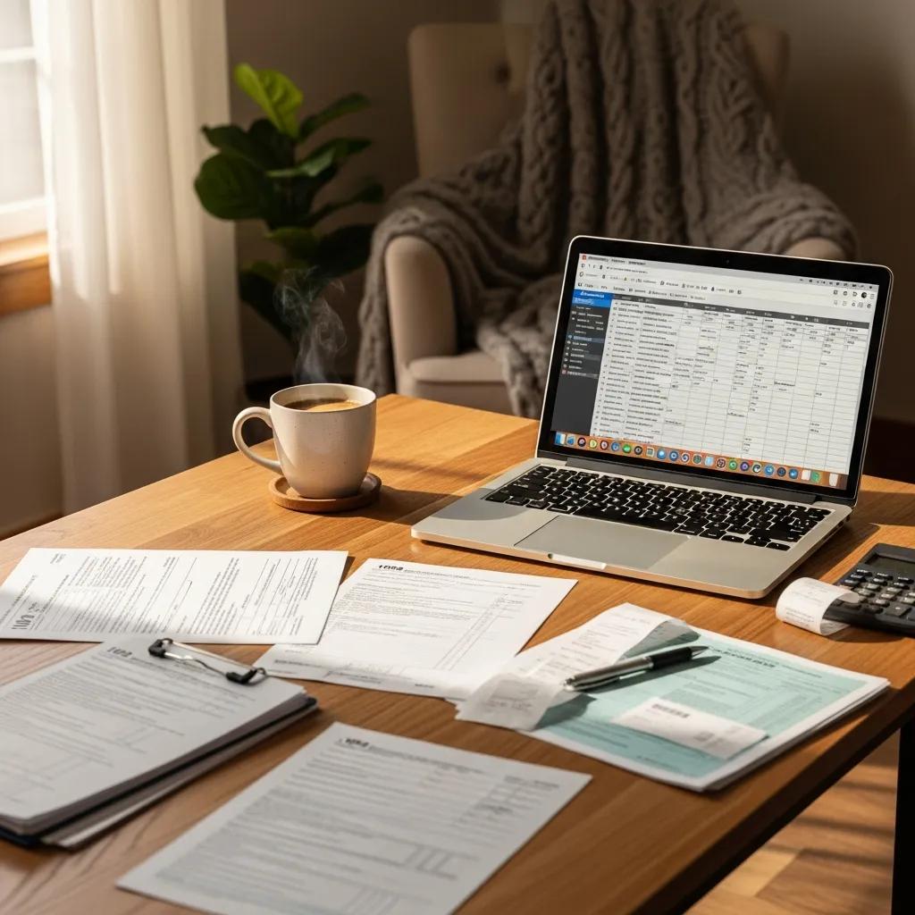 Freelancer working at home office with laptop and tax documents