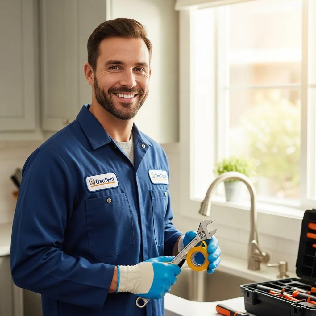 Friendly plumber in uniform holding tools in a clean home setting