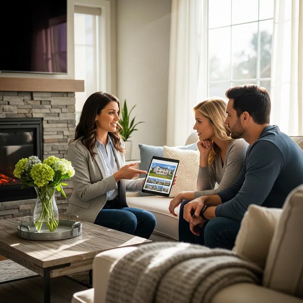 Friendly real estate agent assisting a couple in a cozy home setting