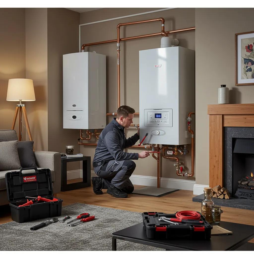 Gas Safe registered engineer inspecting a modern boiler in a cozy Glasgow living room