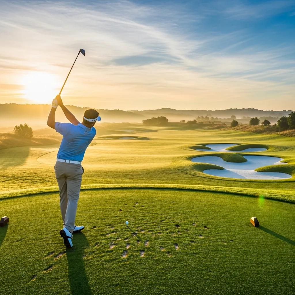 Golf course at sunrise with a golfer preparing to swing, highlighting the beauty of the sport