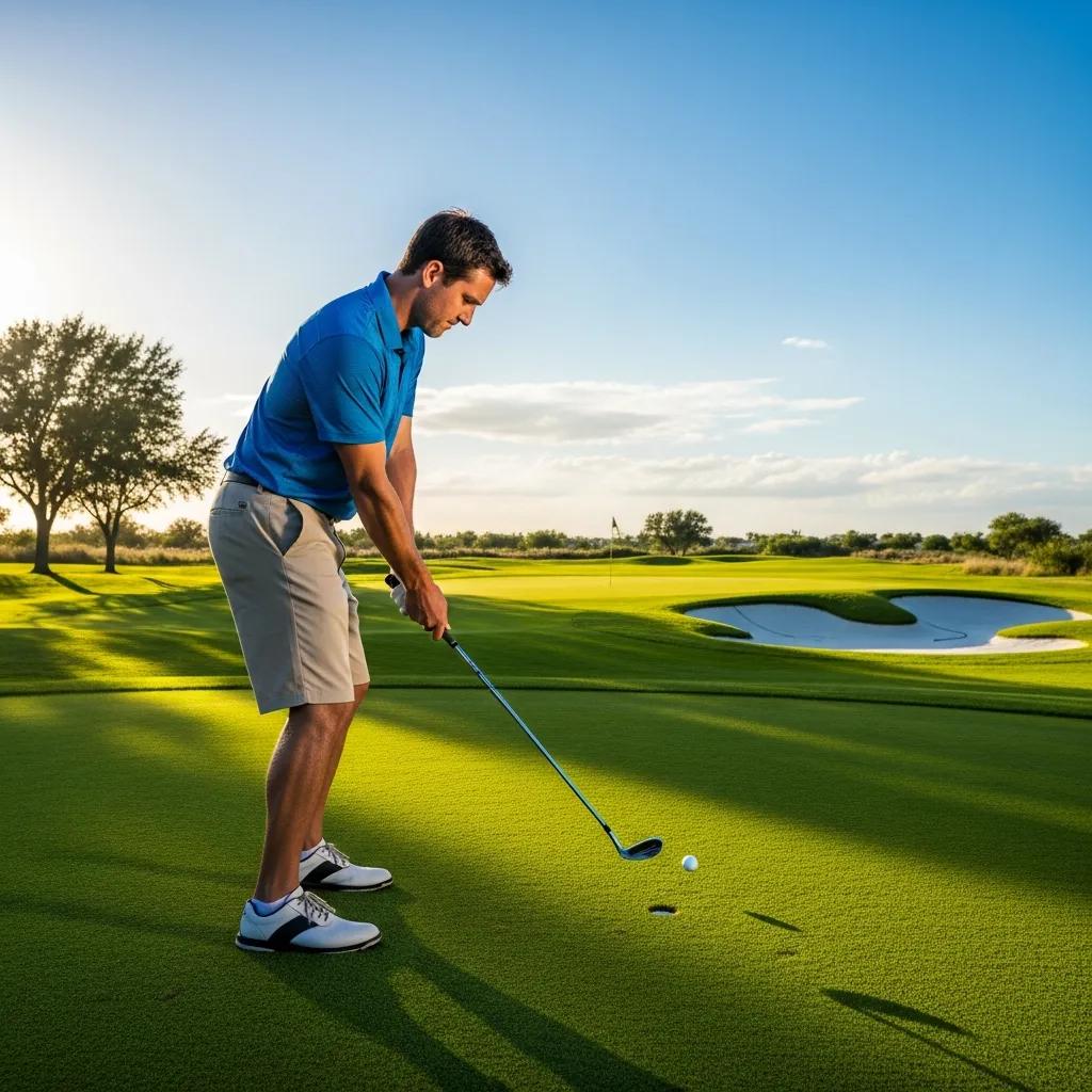 Golfer executing a chip shot on a golf course, highlighting chipping techniques