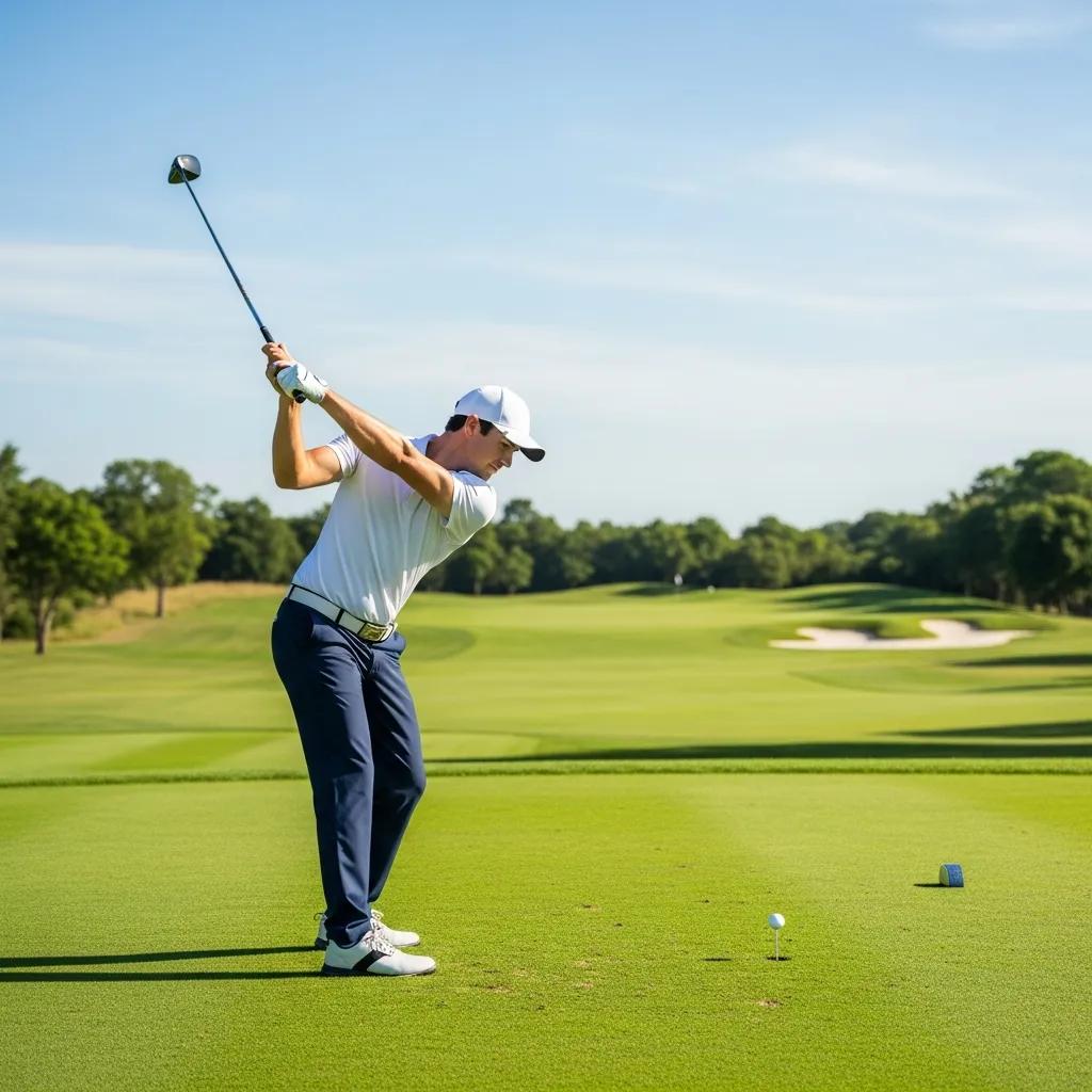 Golfer in mid-swing demonstrating proper technique to avoid topping the ball