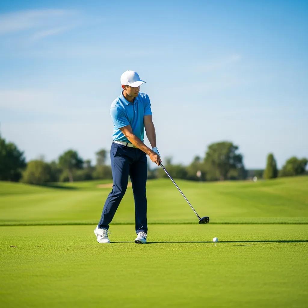 Golfer practicing swing on a green golf course under a blue sky