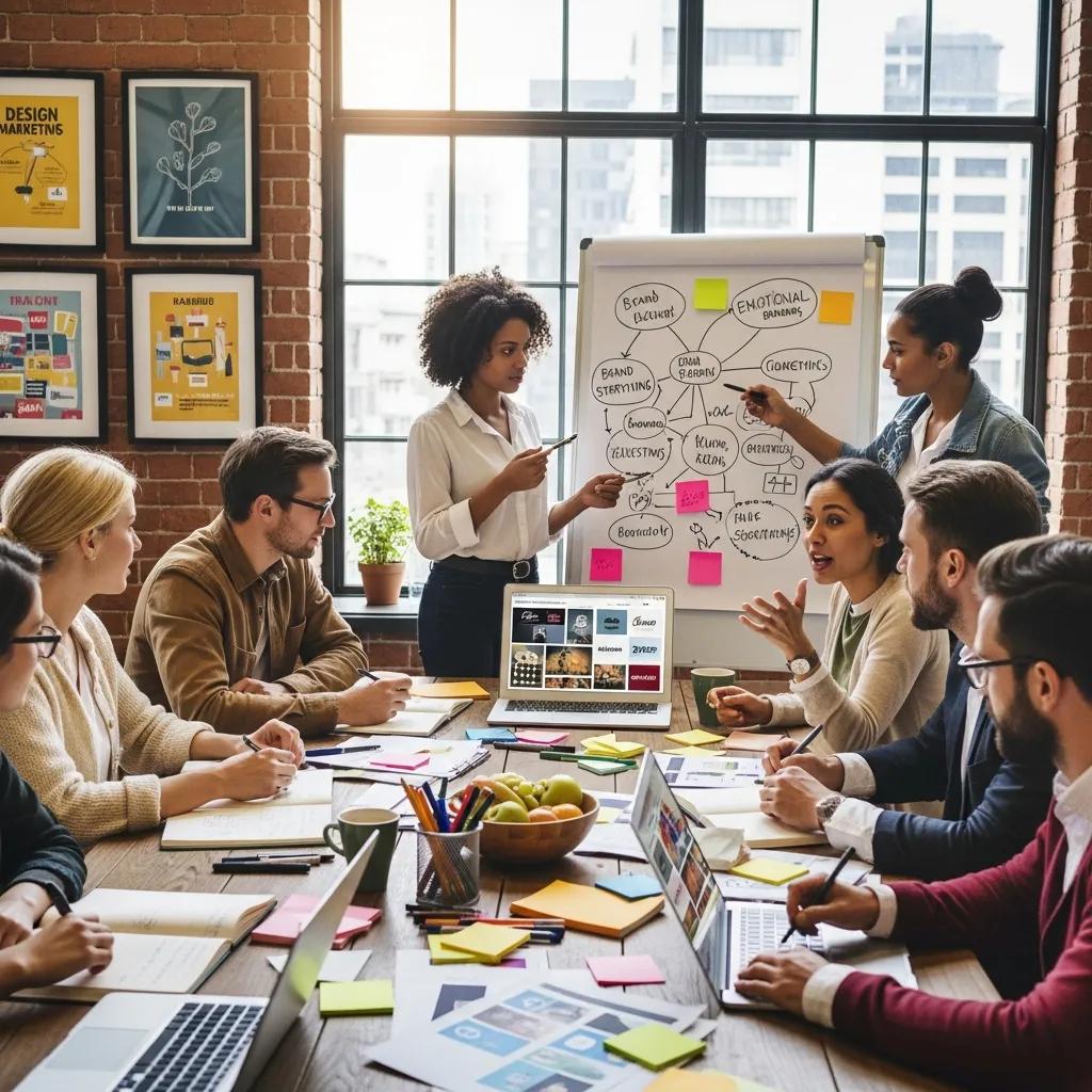 Group of diverse individuals collaborating on brand storytelling techniques