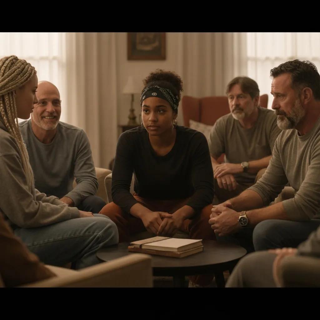 Group of diverse individuals engaged in a heartfelt conversation about apology languages and emotional connections