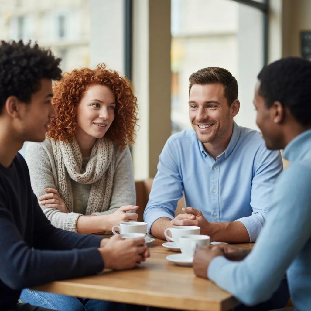 Group of diverse individuals having a heartfelt conversation in a cozy café, emphasizing the importance of apologies and emotional connection.