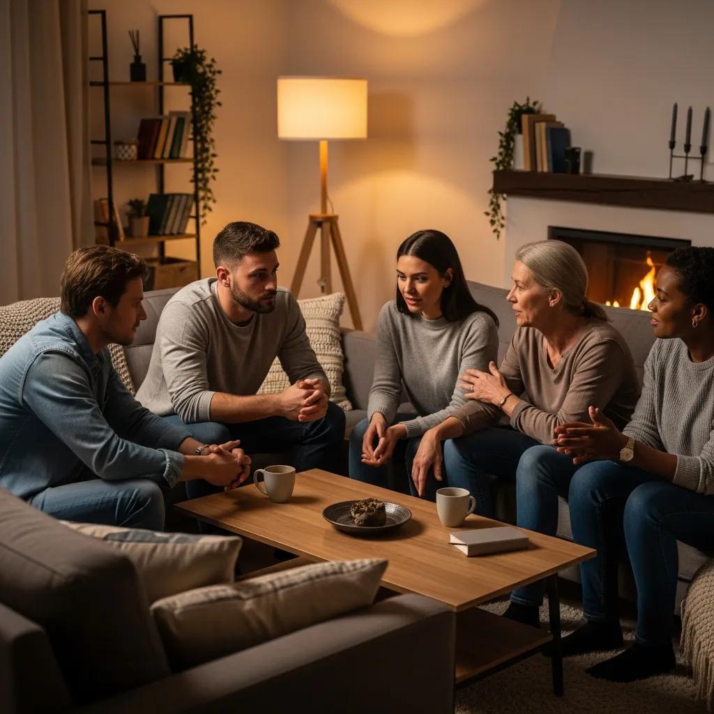 Group of diverse individuals in a cozy living room, engaging in heartfelt conversation about apologies and communication