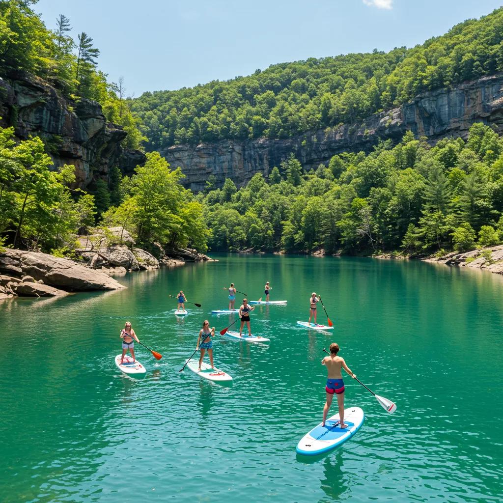 Group of paddleboarders enjoying a sunny day on a turquoise lake in West Virginia