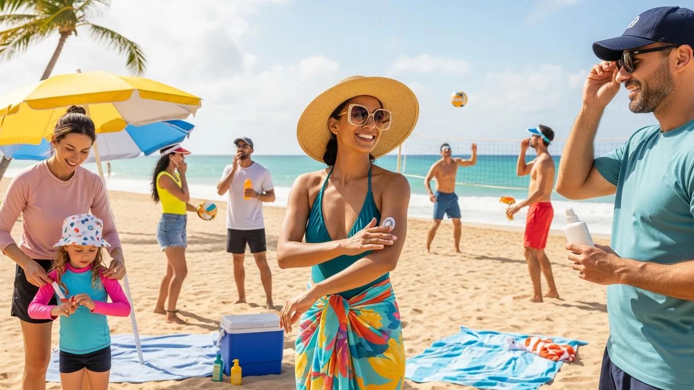 Group of people applying sunscreen and enjoying summer outdoors